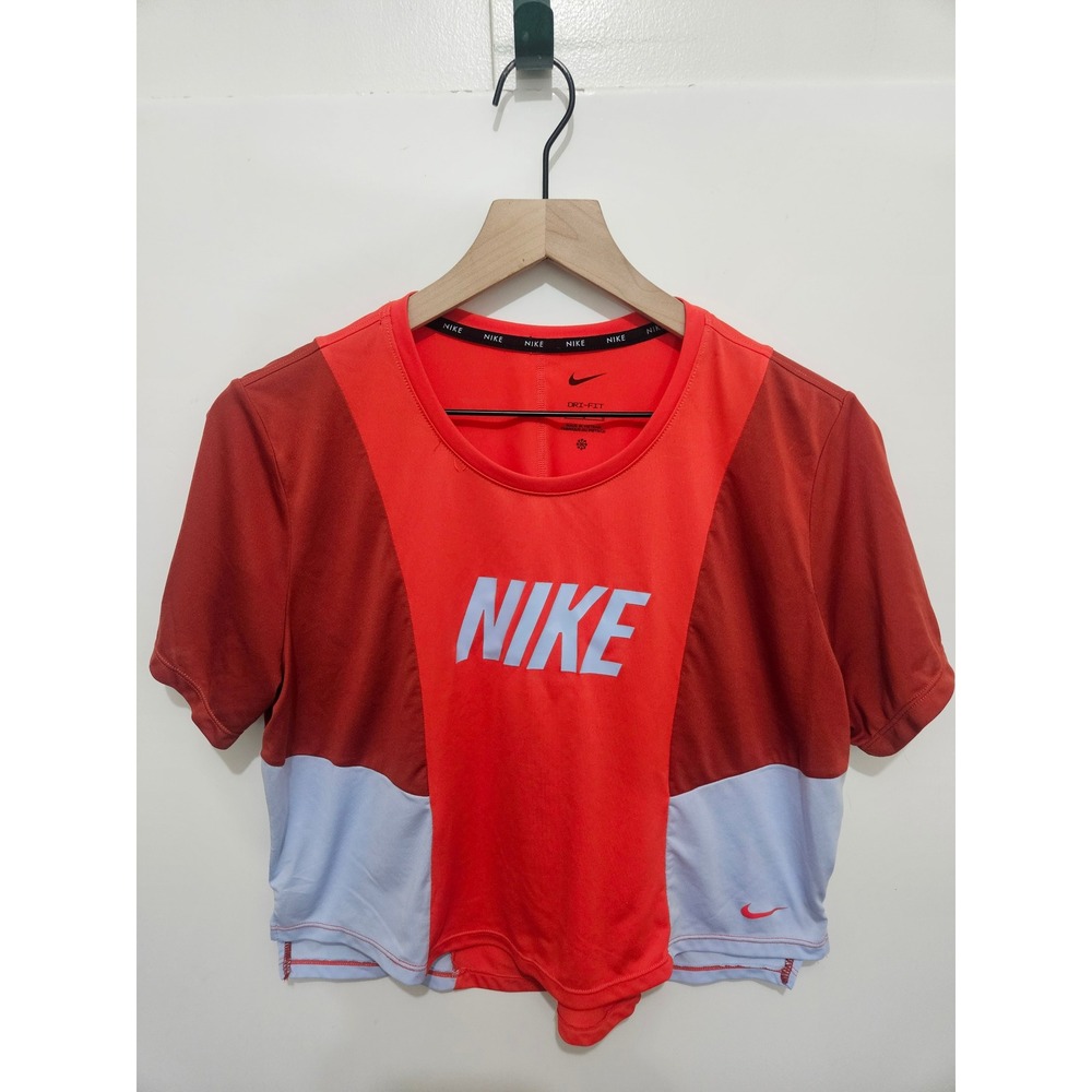 Nike Dri-FIT Womens Colorblock Crop‎ Top Red Blue Short Sleeve Athletic Shirt L